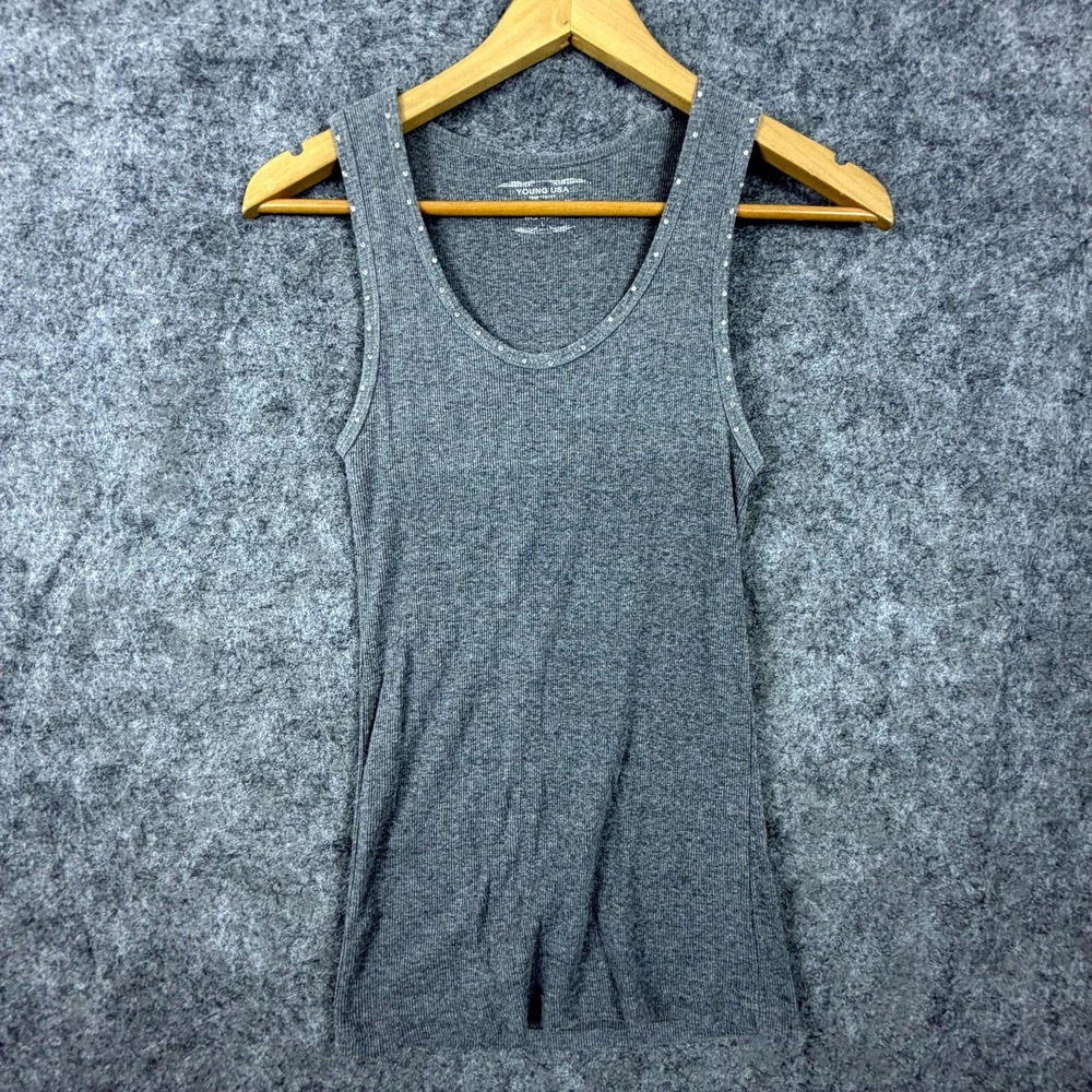 Young USA Tank Top Womens Large Gray Cotton Ribbed Scoop Neck Pullover Summer